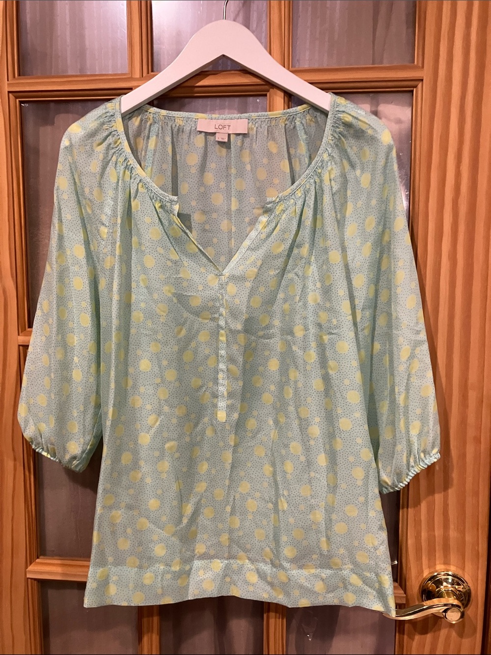 LOFT Light Blue Blouse with Yellow Polka Dots